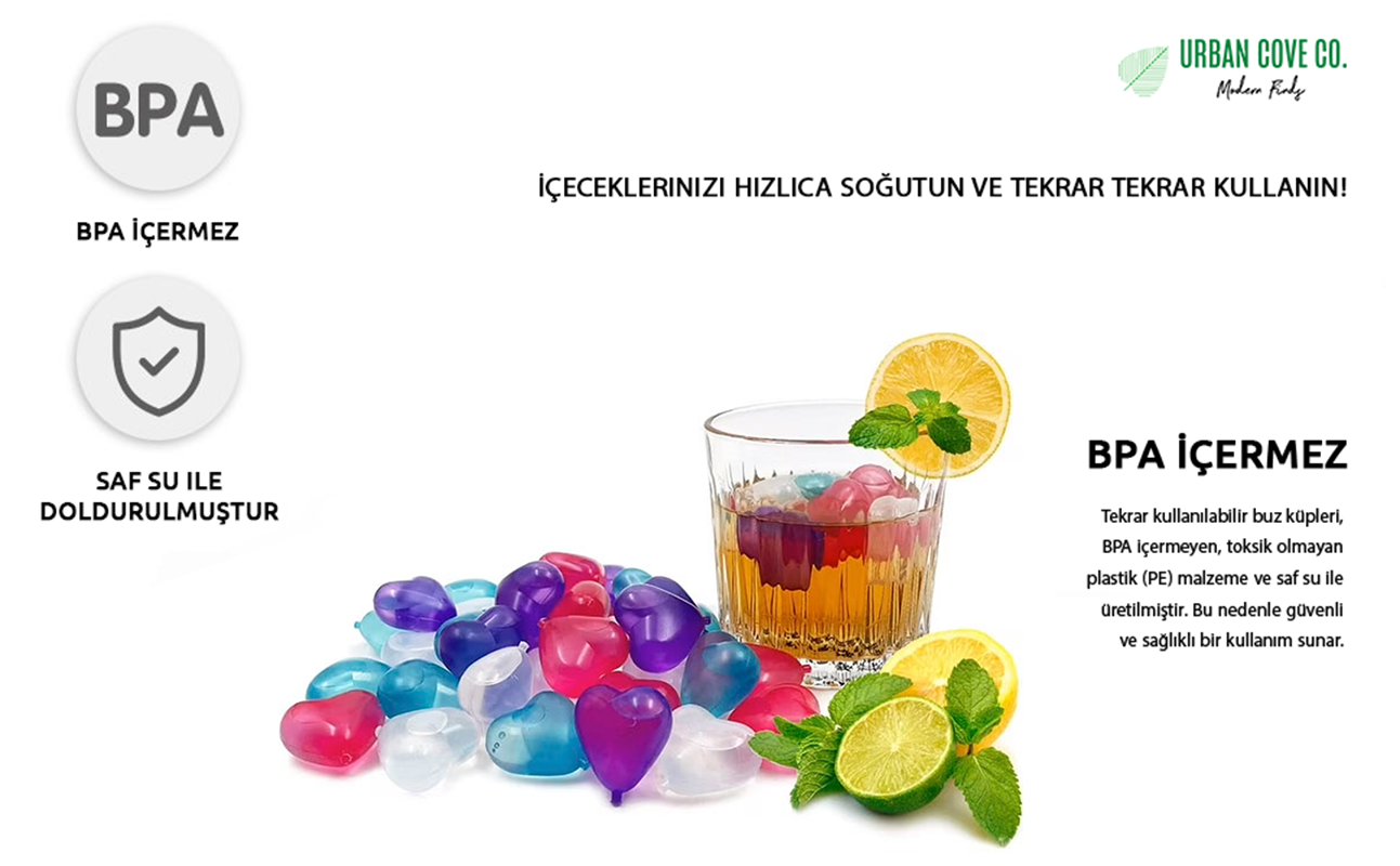 UrbanCove Co . - RENKLİ KALP ŞEKLİNDE BUZ KÜPLERİ, 15’Lİ PAKET, Yeniden Kullanılabilir, BPA İçermez