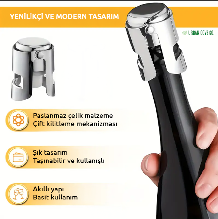 UrbanCove Co . - Paslanmaz Çelik Şampanya Tıpası - Gıda Sınıfı Silikonlu, Tekrar Kullanılabilir Tıpa