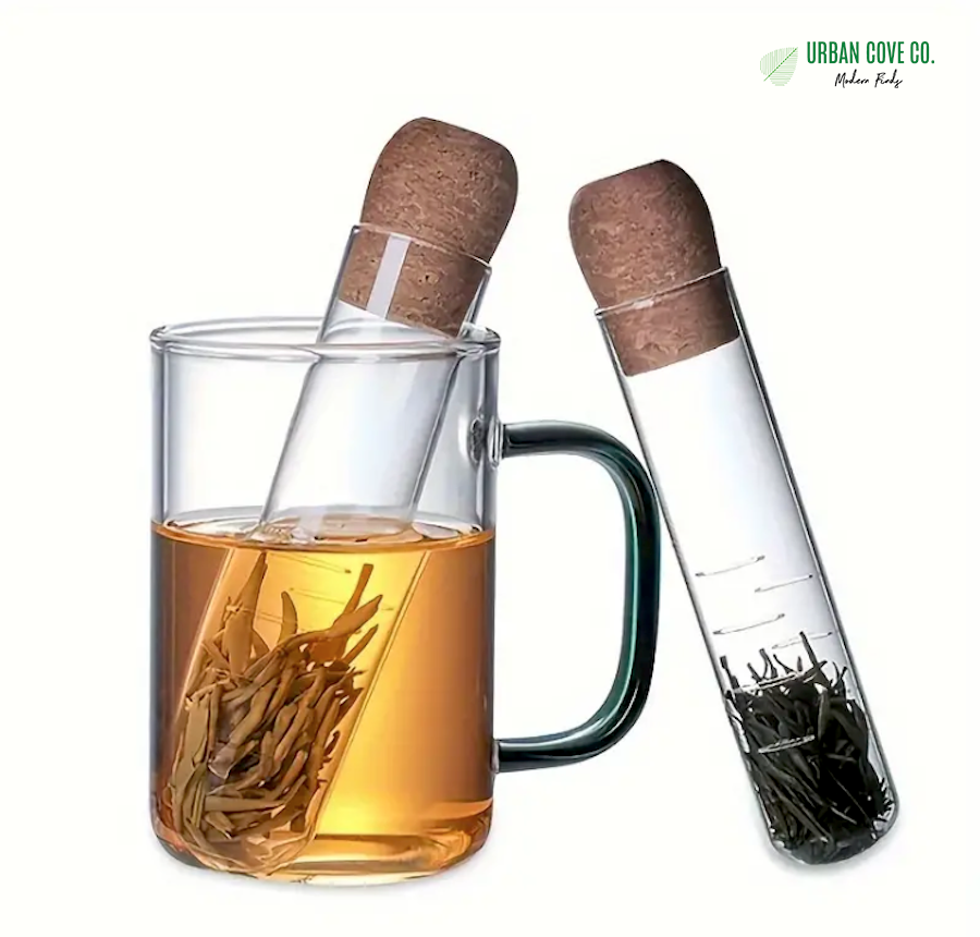 UrbanCove Co. - Premium, Heat Resistant, Glass, Tube Shaped Tea Strainer (1 Piece) Glass and Natural Cork Material