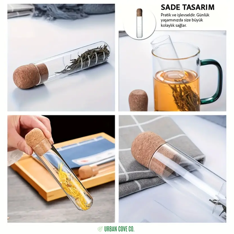 UrbanCove Co. - Premium, Heat Resistant, Glass, Tube Shaped Tea Strainer (1 Piece) Glass and Natural Cork Material
