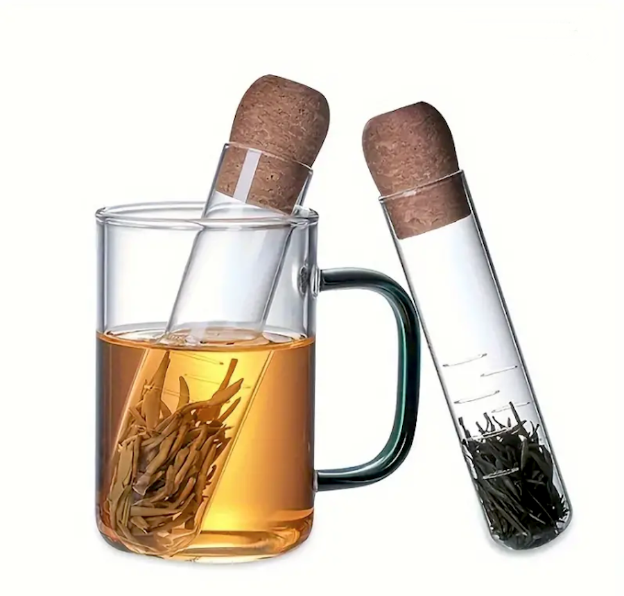 UrbanCove Co. - Premium, Heat Resistant, Glass, Tube Shaped Tea Strainer (1 Piece) Glass and Natural Cork Material